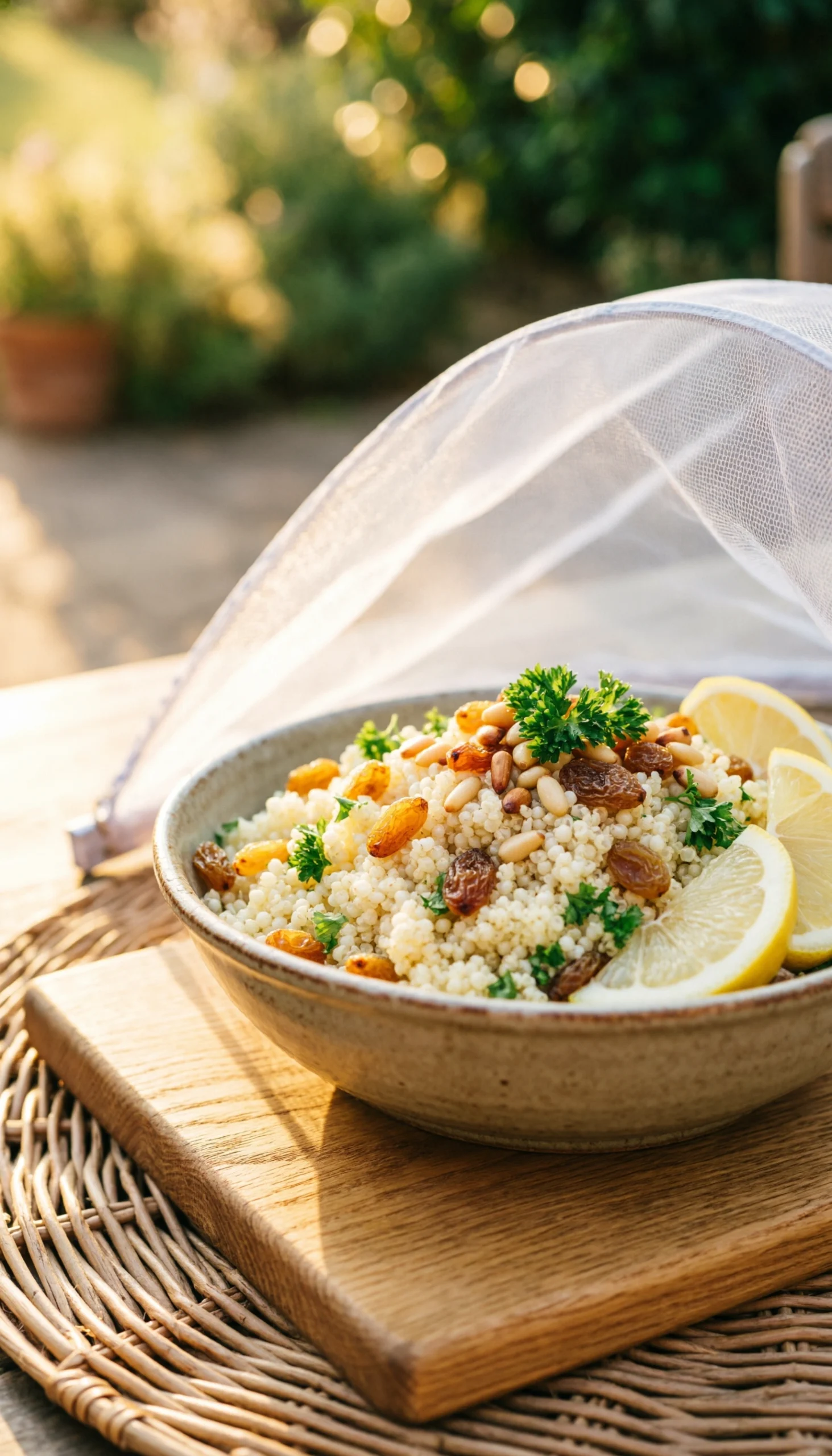 Mediterranean pearl couscous with golden raisins and pine nuts on a wooden serving board in warm golden hour light.