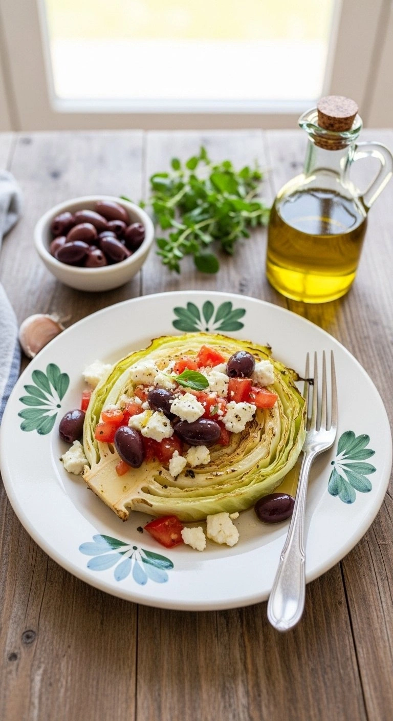 Mediterranean Style Garlic Cabbage Steaks Topped With Feta Cheese, Kalamata Olives, And Tomatoes On A Ceramic Plate.