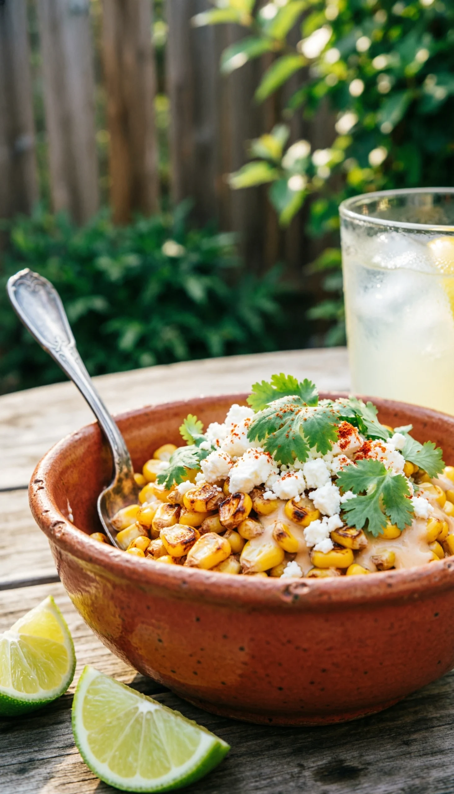 Mexican street corn salad in a rustic ceramic bowl topped with cotija cheese, cilantro, and chili powder on a wood table.