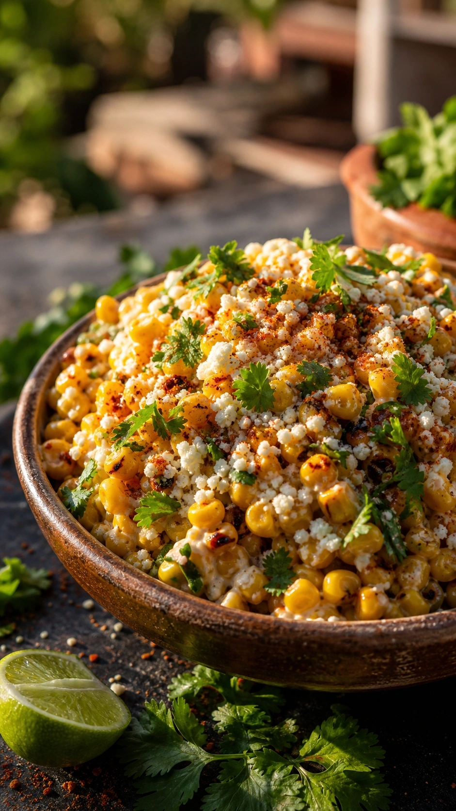 Mexican street corn salad with charred kernels, cotija cheese, and cilantro in a rustic bowl on a dark slate surface.