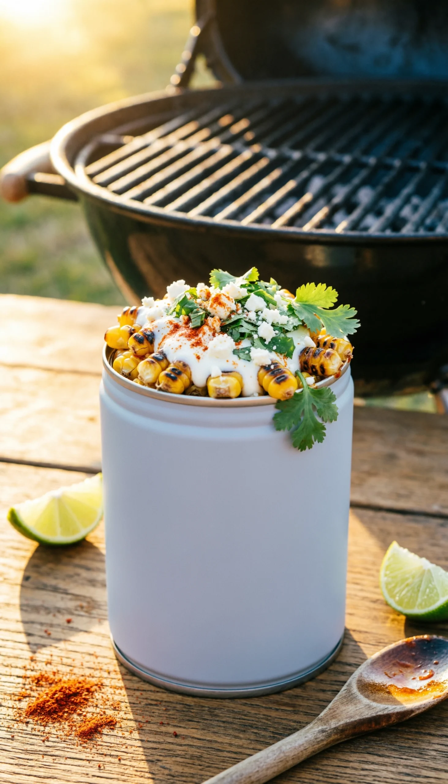 Mexican street corn salad with charred kernels, cotija cheese, and lime in a thermal food jar on a rustic table.