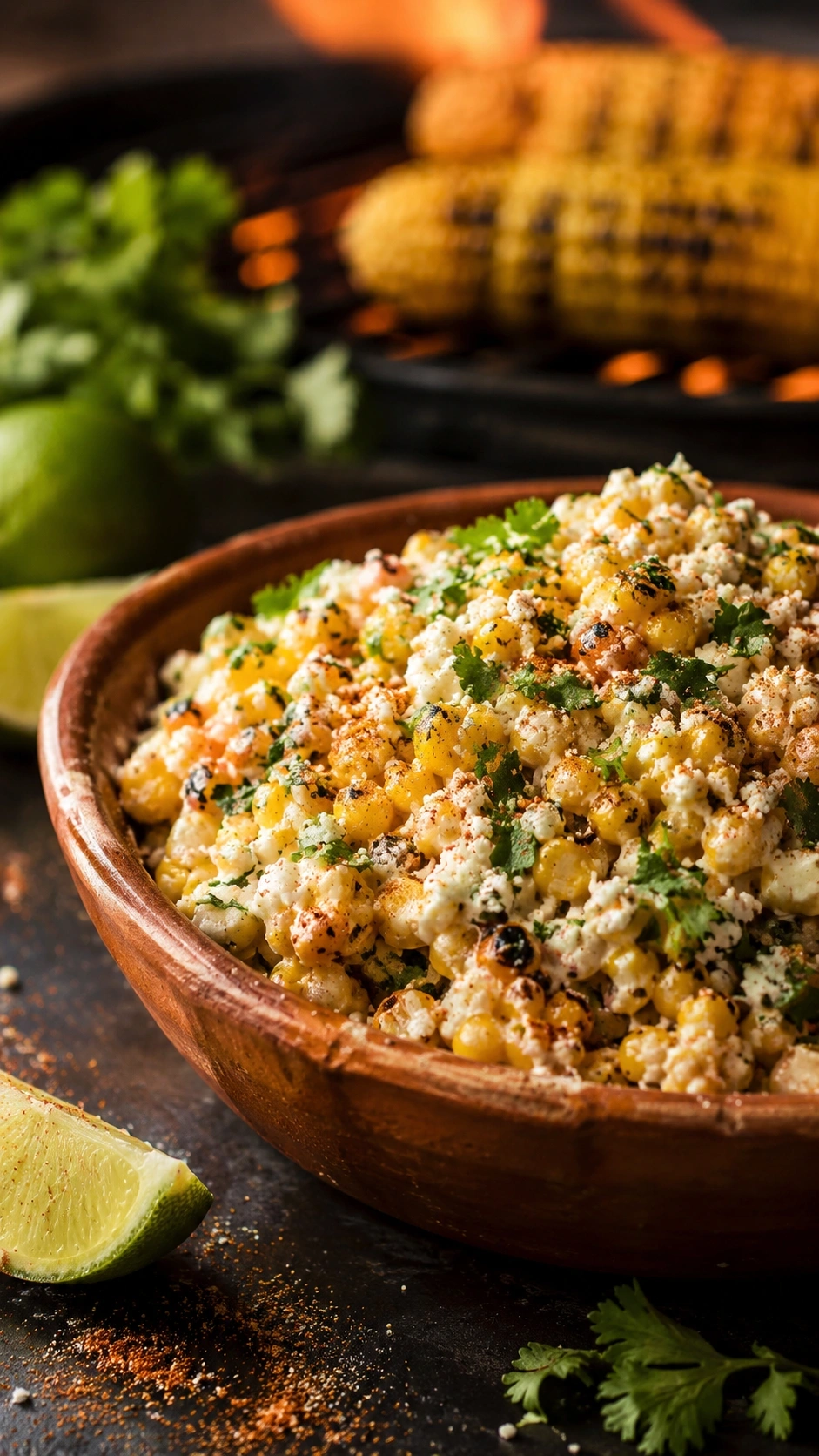 Mexican street corn salad with cotija cheese and cilantro in a terracotta bowl on a dark slate surface.
