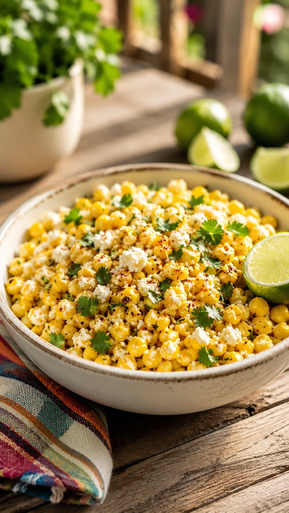 Mexican Street Corn Salad With Cotija Cheese, Chili Powder, And Cilantro In A White Bowl On A Rustic Wood Table.