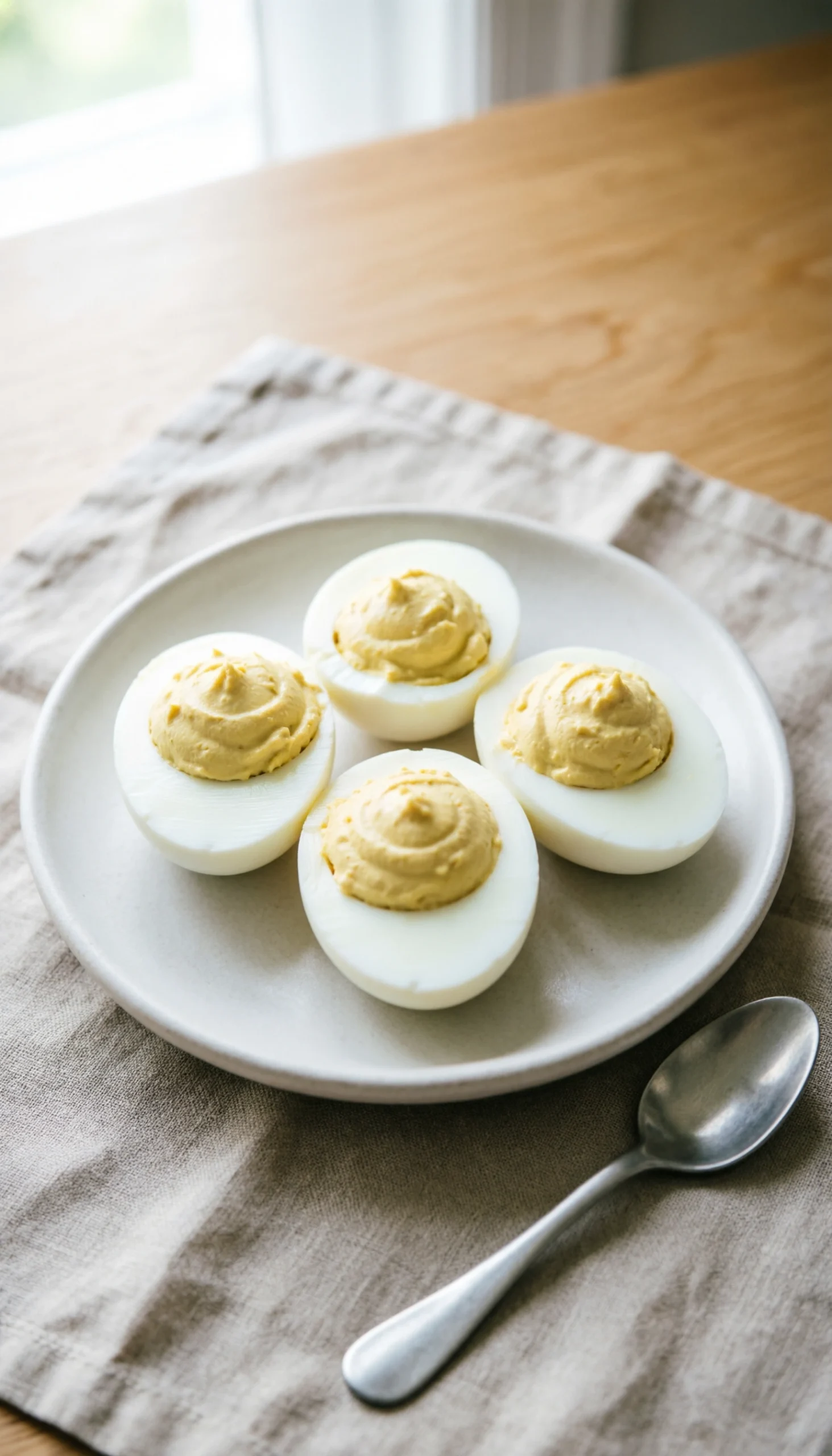 Mild deviled eggs with smooth pale yellow filling in white egg whites, perfectly piped on a ceramic platter.