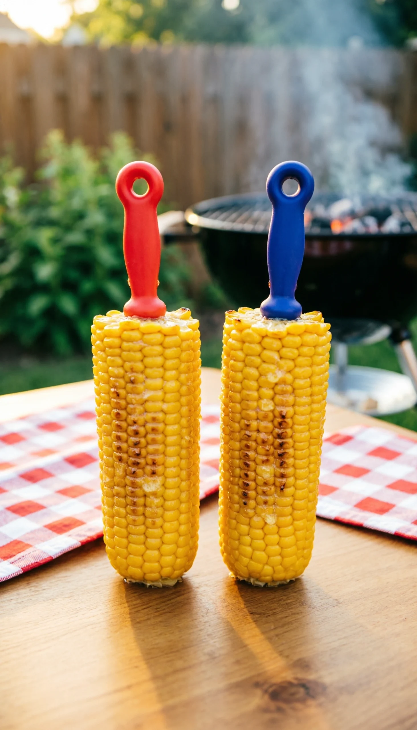Mini grilled corn on the cob with colorful safety holders on a rustic wooden table at a summer backyard bbq.