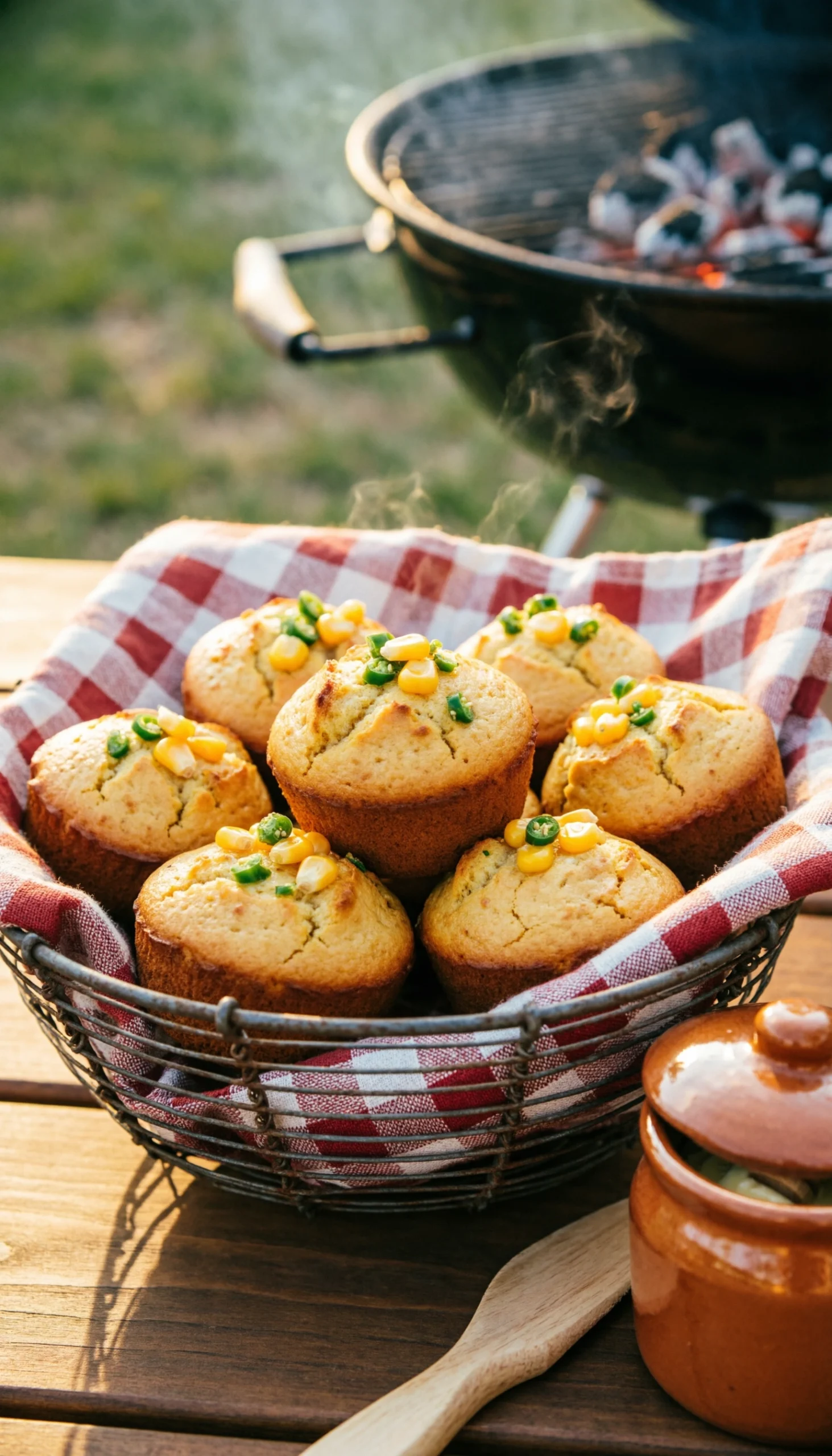 Mini jalapeño cornbread muffins in a wire basket served with honey butter on a classic red and white checkered cloth.