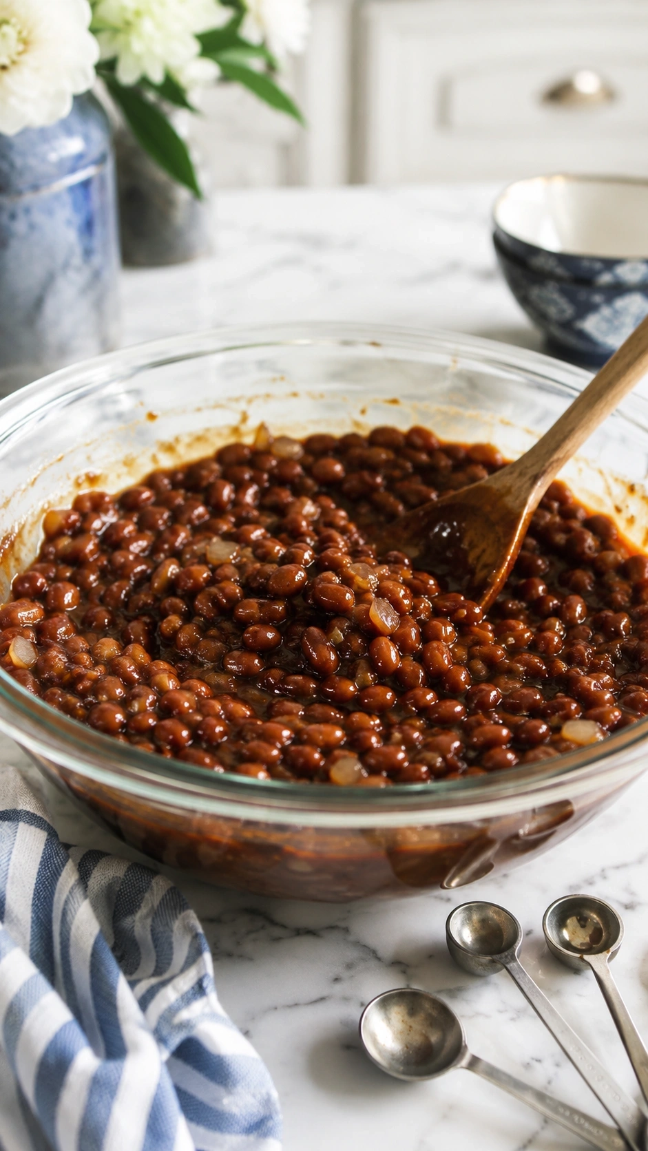 Mixing canned navy beans with thick molasses and aromatic spices in a glass bowl on a white marble countertop.