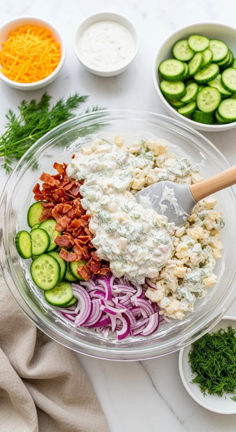 Mixing Fresh Cucumber Ranch Salad With Bacon And Cheddar Cheese In A Glass Bowl Using A Silicone Spatula.