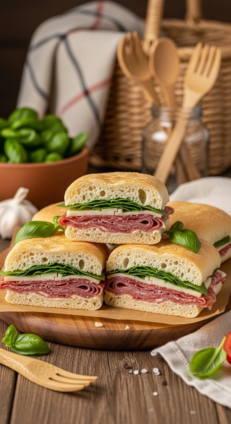 Neatly Cut Italian Artisanal Finger Sandwiches With Cured Meats, Provolone, And Basil In Ciabatta On A Rustic Picnic Table.