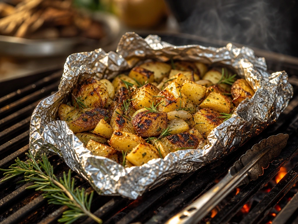 Open foil packet of charred grilled potatoes and onions with herb butter resting on hot grill grates outdoors.