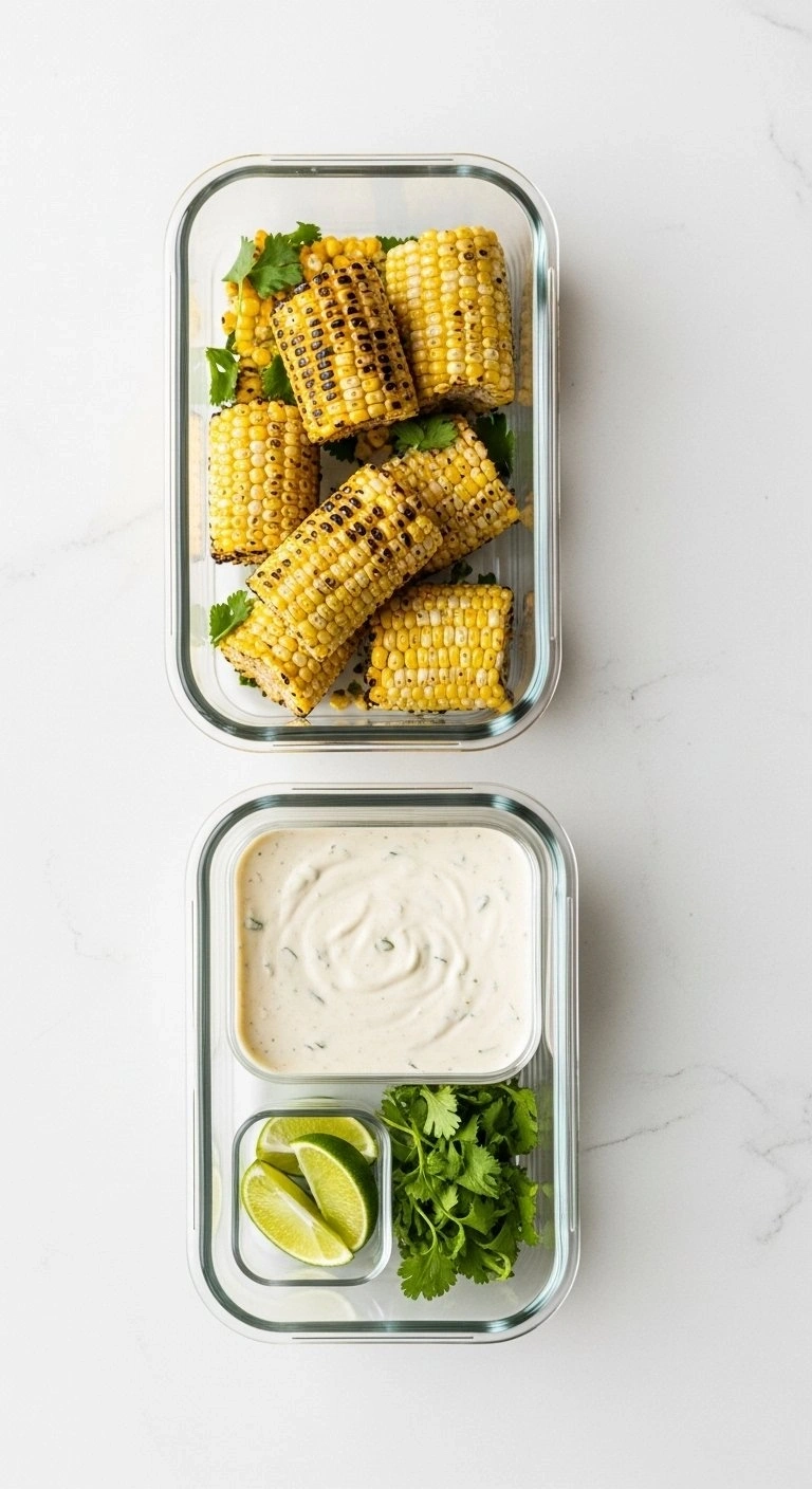 Organized Glass Food Storage Containers Filled With Charred Corn And Creamy Dressing On A White Countertop.