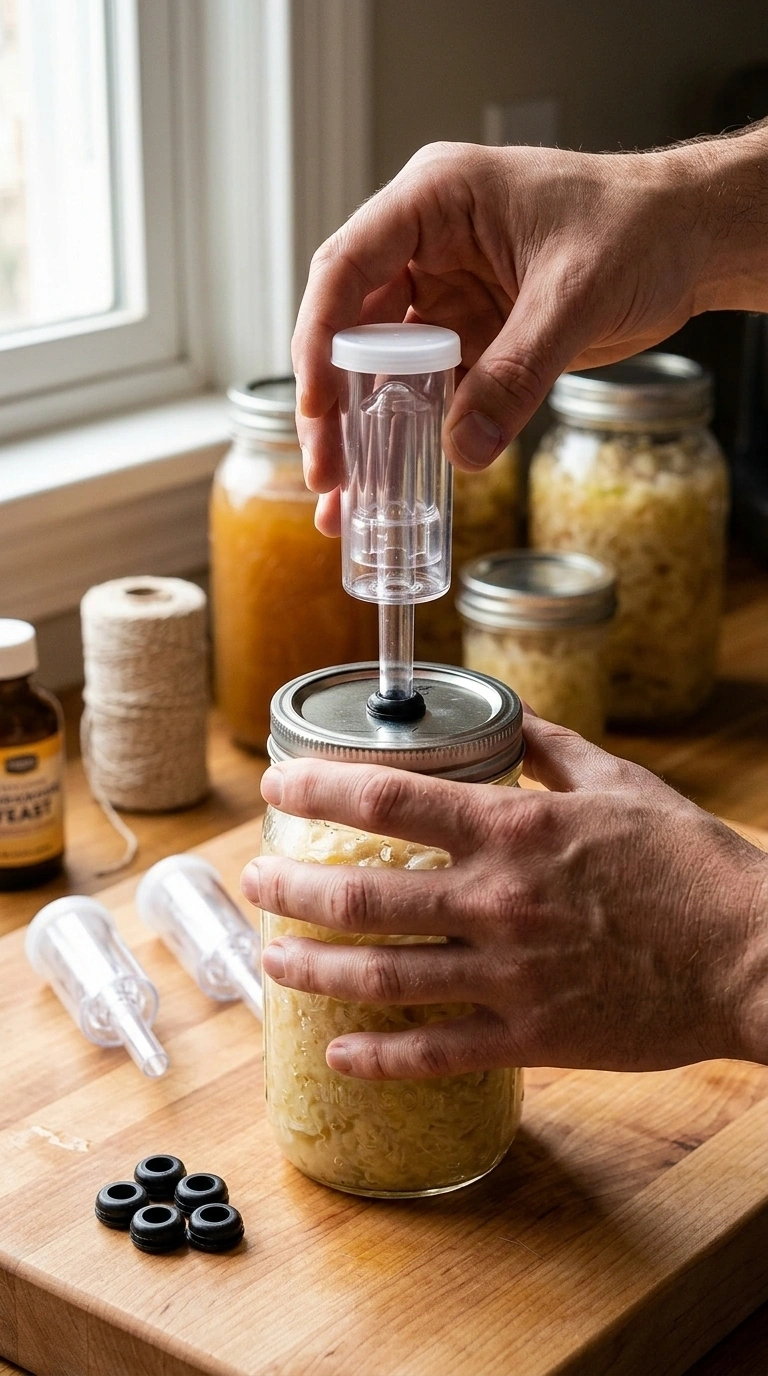 Ouddy 3-Piece Airlock Bubbling On A Carboy Next To A Notepad
