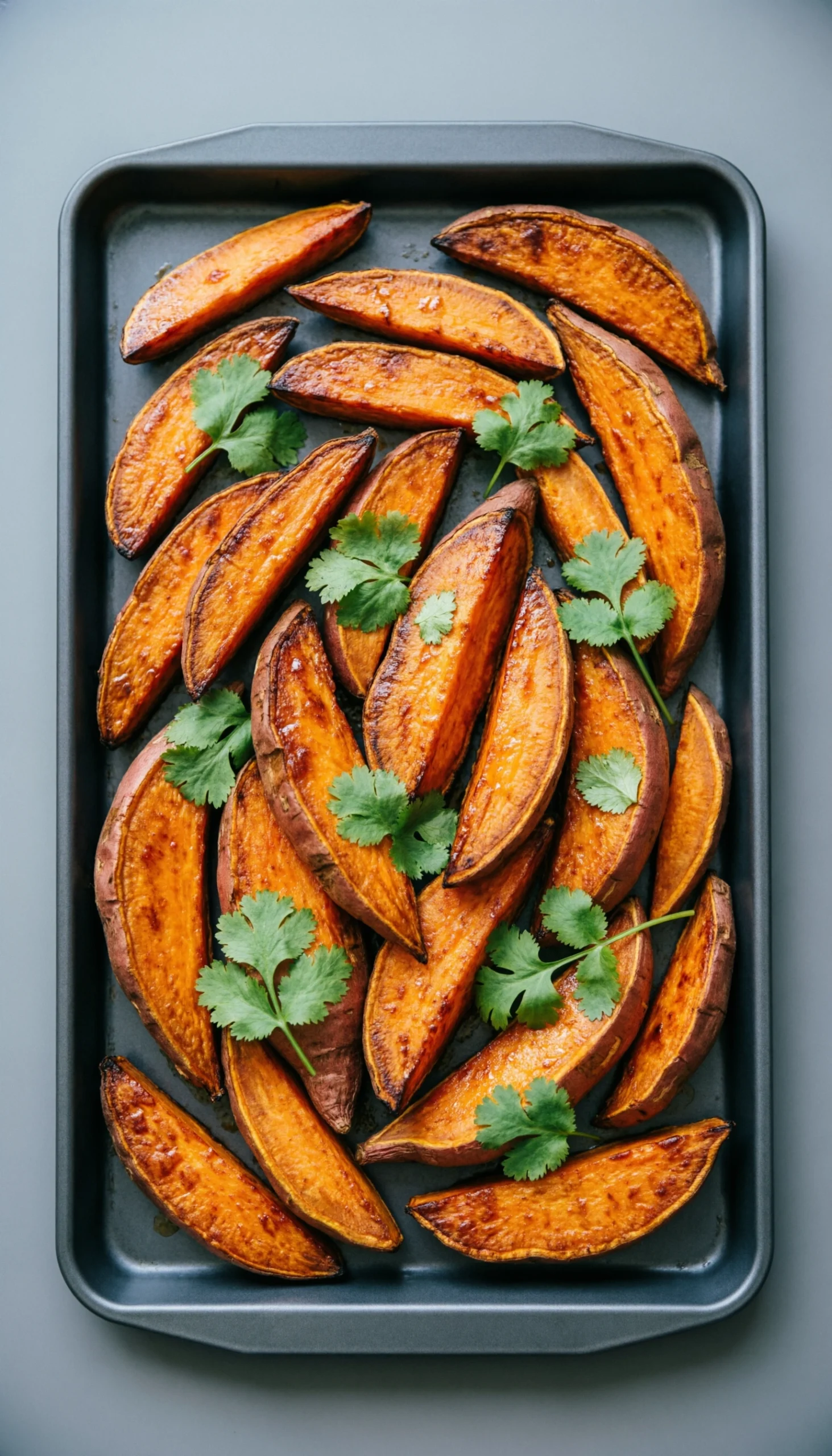 Oven-roasted sweet potato cubes with caramelized edges and fresh cilantro on a dark metal baking sheet pan.