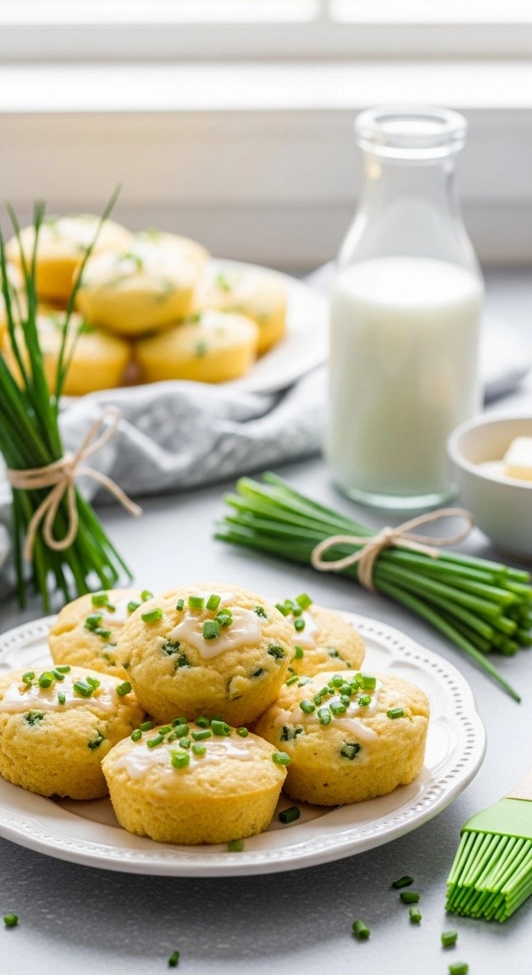 Pale Golden Buttermilk And Chive Mini Cornbread Muffins With A Butter Glaze Sit On A Vintage Ceramic Plate In A Bright Kitchen.