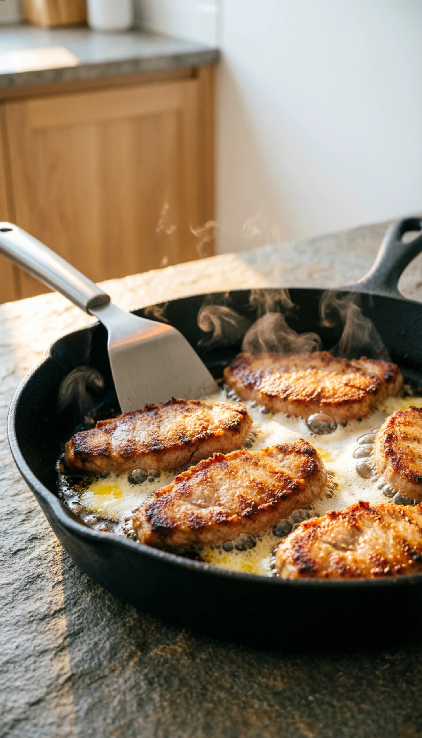 Pan-seared turkey cutlets sizzling in foaming butter inside a hot cast iron skillet for a golden brown crispy crust.