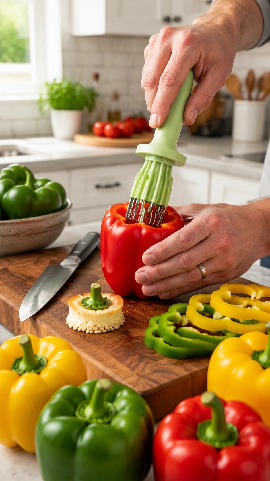 Testing Setup Photo Showing The Kytrely Corer Next To A Pile Of Whole And Cored Bell And Jalapeño Peppers On A Wooden Cutting Board
