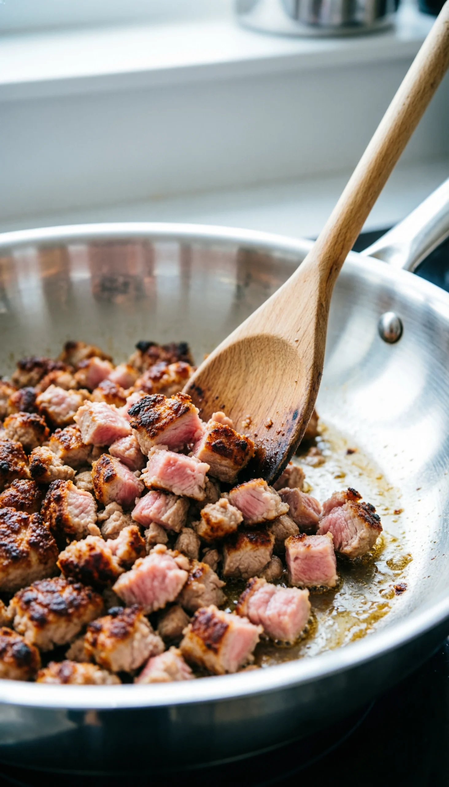 Perfectly browned ground turkey searing in a stainless steel skillet with a wooden spoon breaking up the crispy bits.