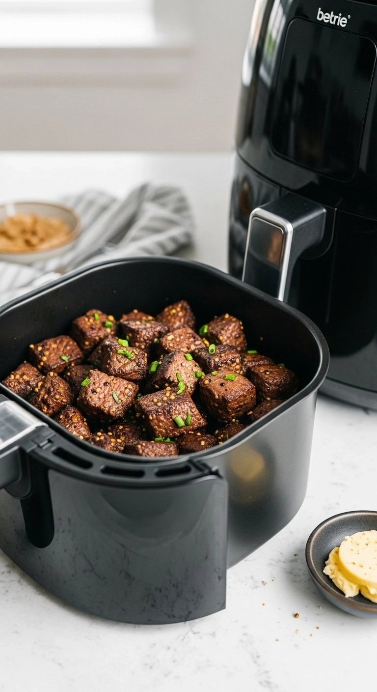 Perfectly Browned Keto Steak Bites Glistening With Juices In An Air Fryer Basket On A Modern Quartz Countertop.