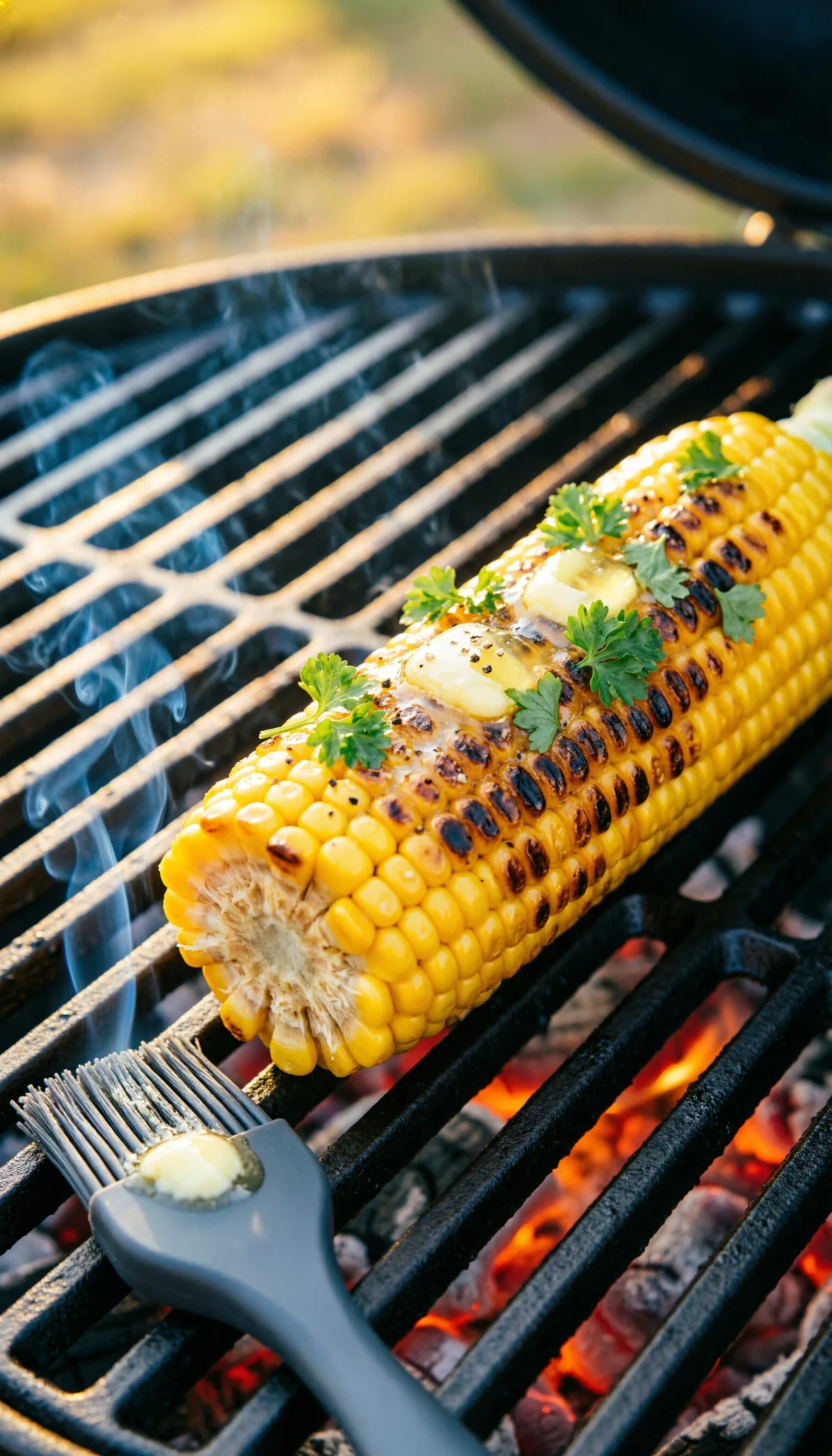 Perfectly charred sweet corn on the cob glistening with butter and herbs on a grill grate over glowing embers during golden hour.