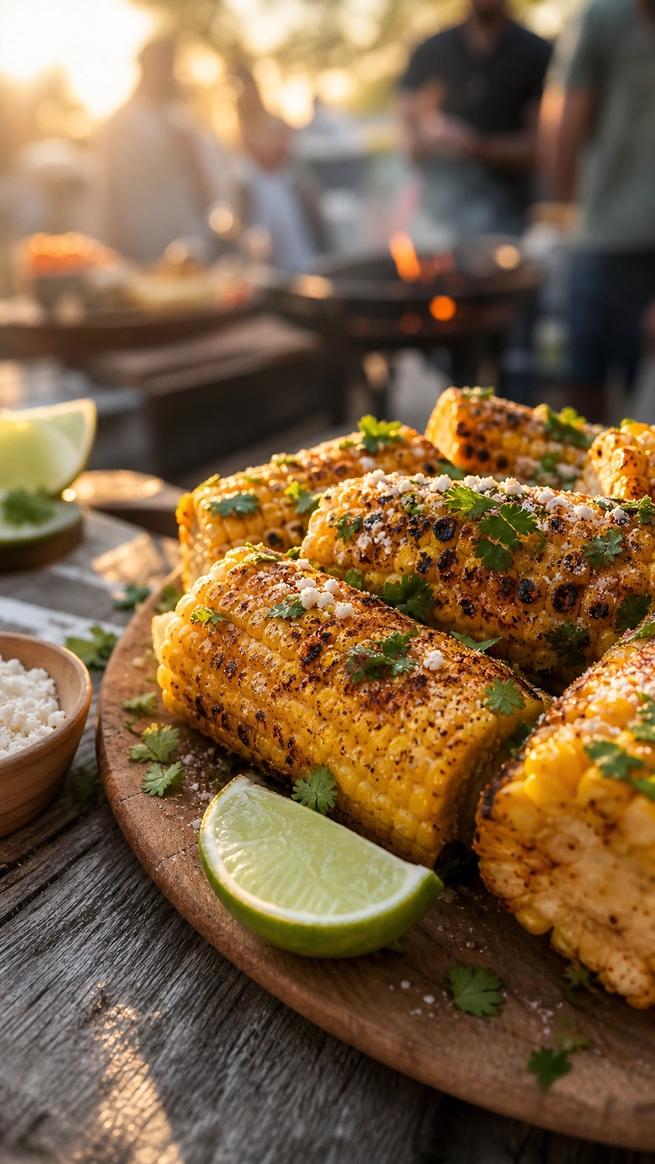 Perfectly Grilled Corn On The Cob With Char Marks, Chili Powder, Cilantro, And Lime Wedges On A Rustic Wooden Board.