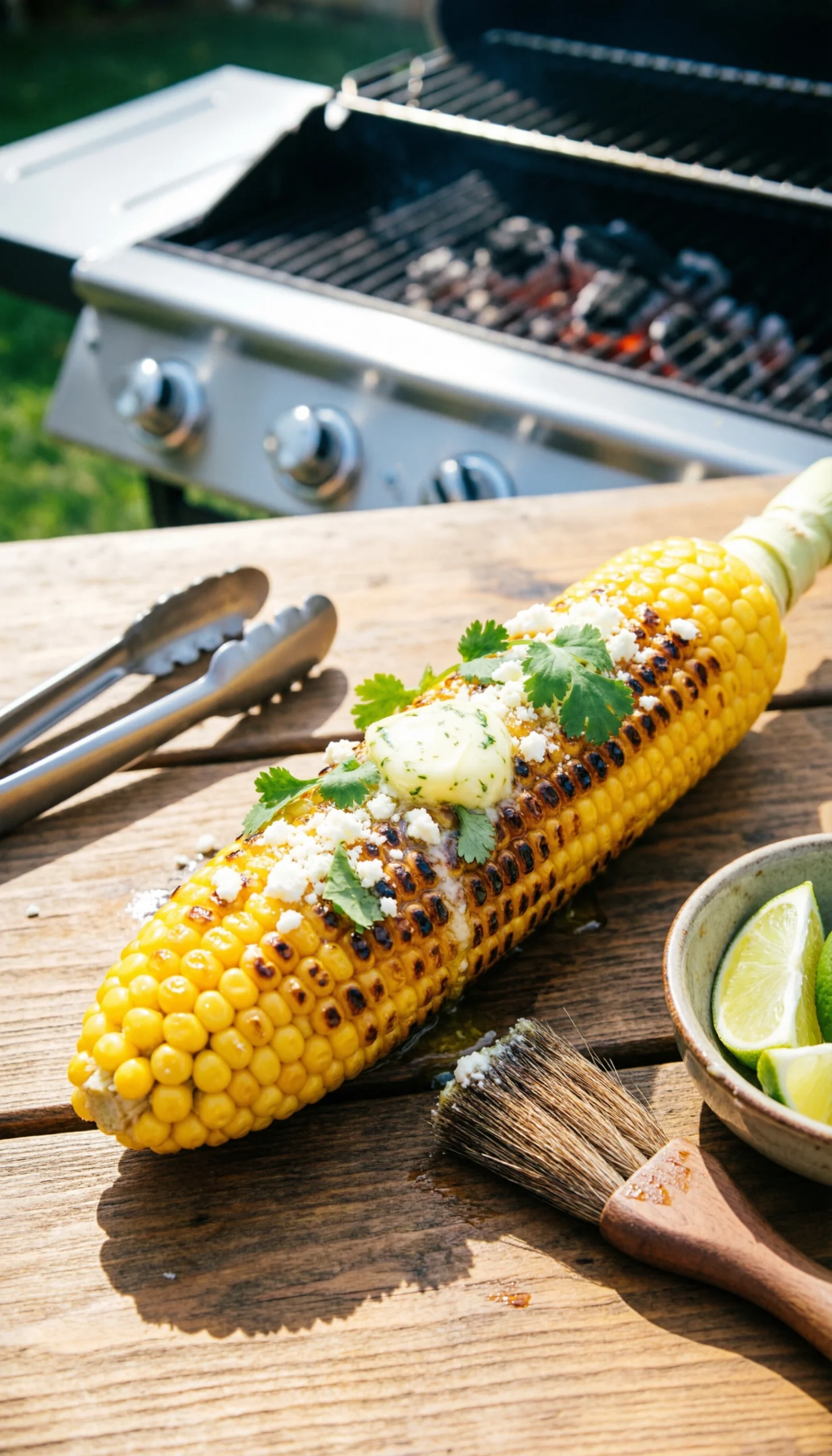 Perfectly grilled corn on the cob with char marks, glistening herb butter, cotija cheese, and cilantro on a picnic table.