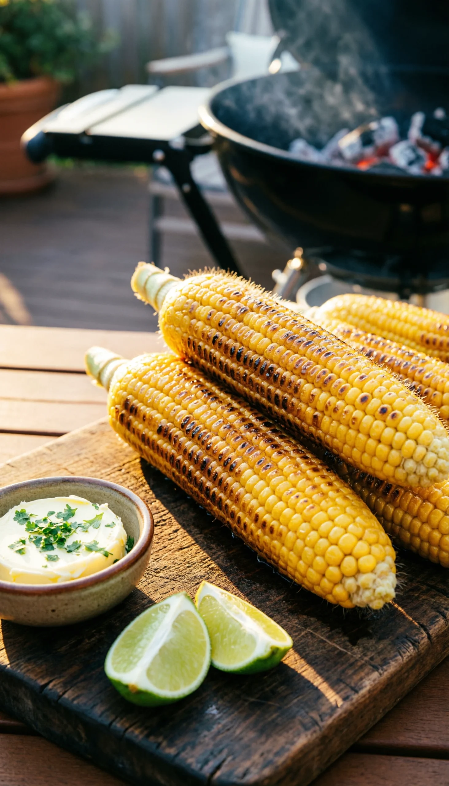 Perfectly grilled vegan corn on the cob with char marks and plump kernels on a rustic wooden platter with cilantro lime butter.