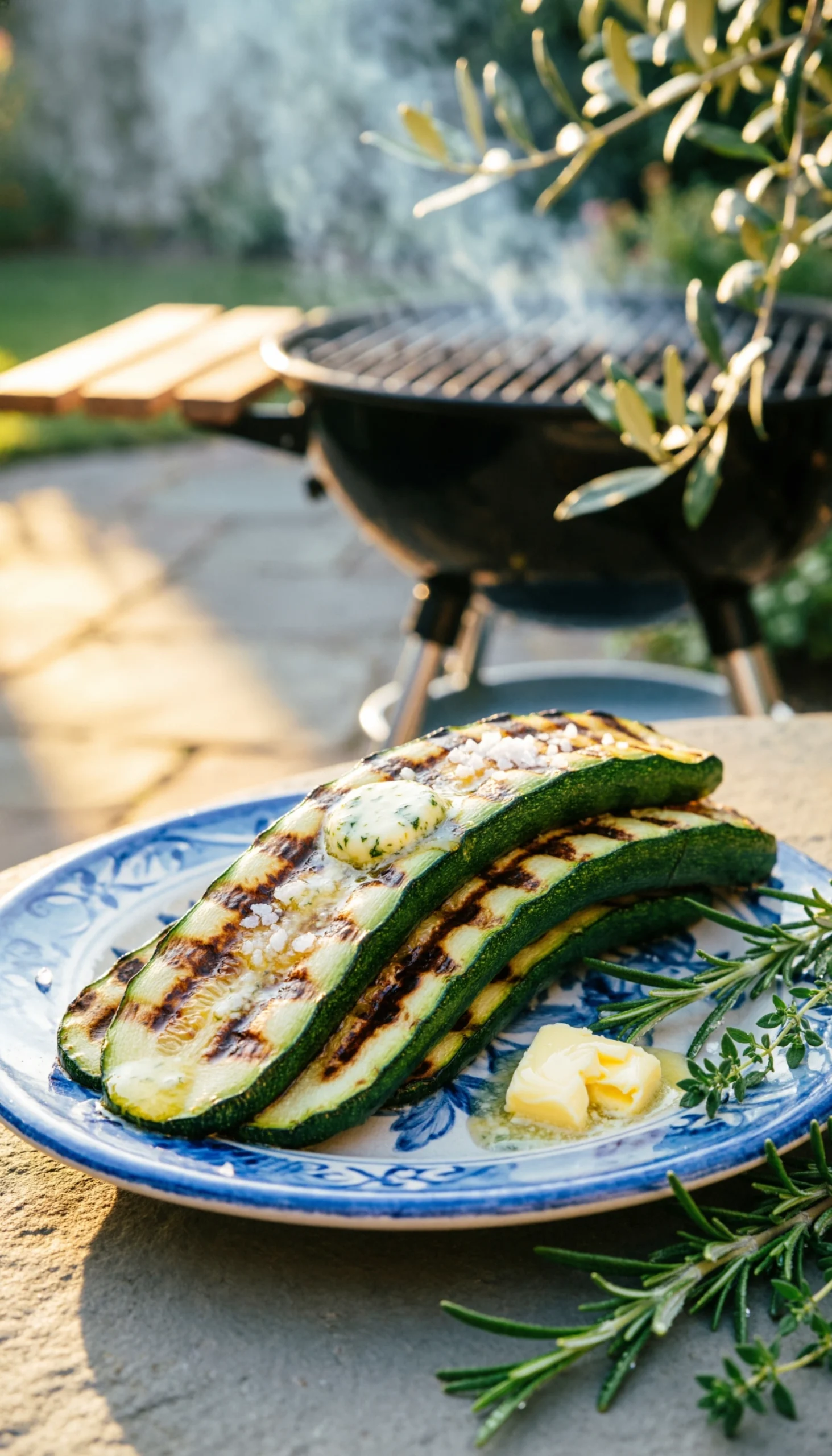 Perfectly grilled zucchini ribbons with herb butter and sea salt on a vintage ceramic platter in golden light.