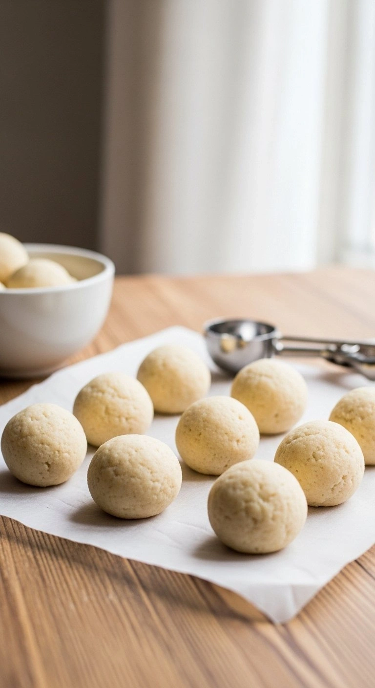 Perfectly Rolled Un-Dipped Cake Balls Resting On Unbleached Parchment Paper Over A Rustic Wooden Table Surface.