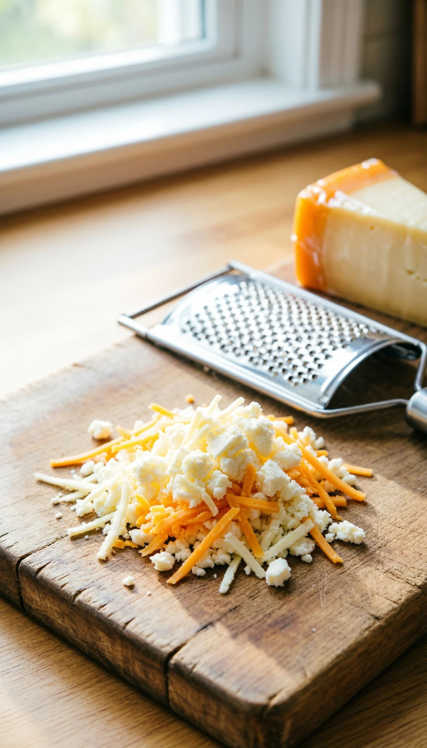 Pile of freshly shredded Monterey Jack and cheddar cheese on a rustic wooden cutting board next to a classic box grater.