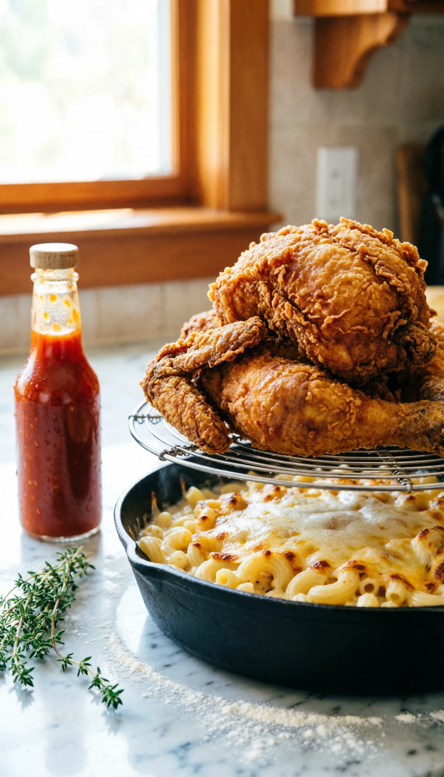 Pile of golden-brown crispy southern fried chicken next to bubbling cast iron mac and cheese on a marble counter.