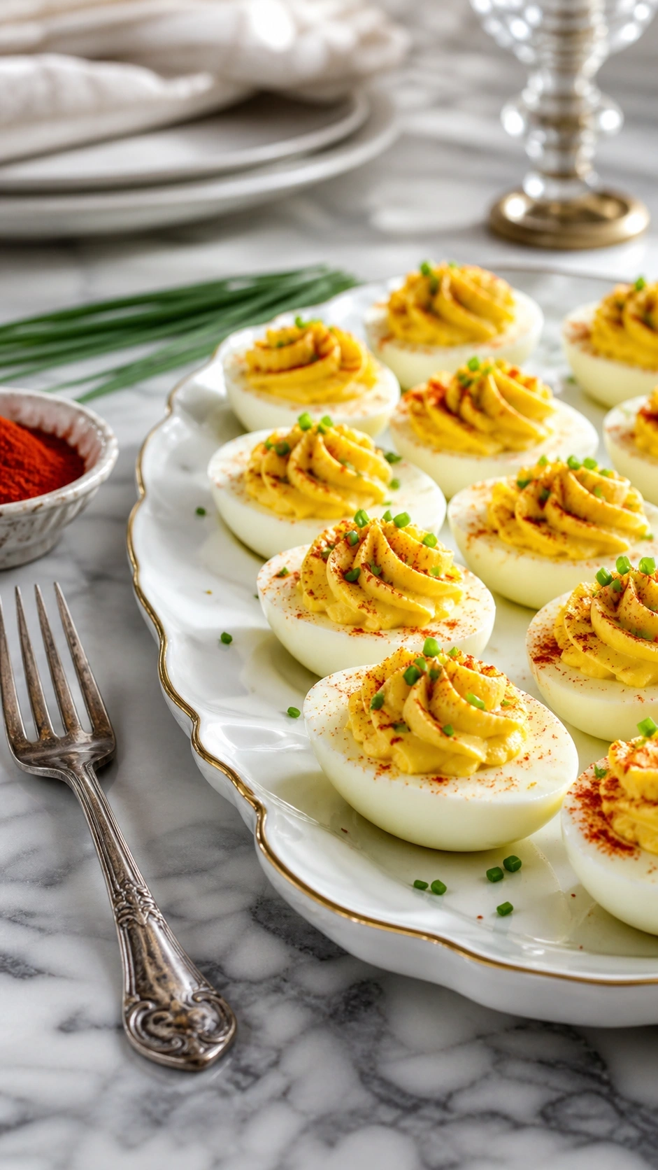 Piped deviled eggs with red paprika and fresh chives on a white ceramic platter with a clean marble background.