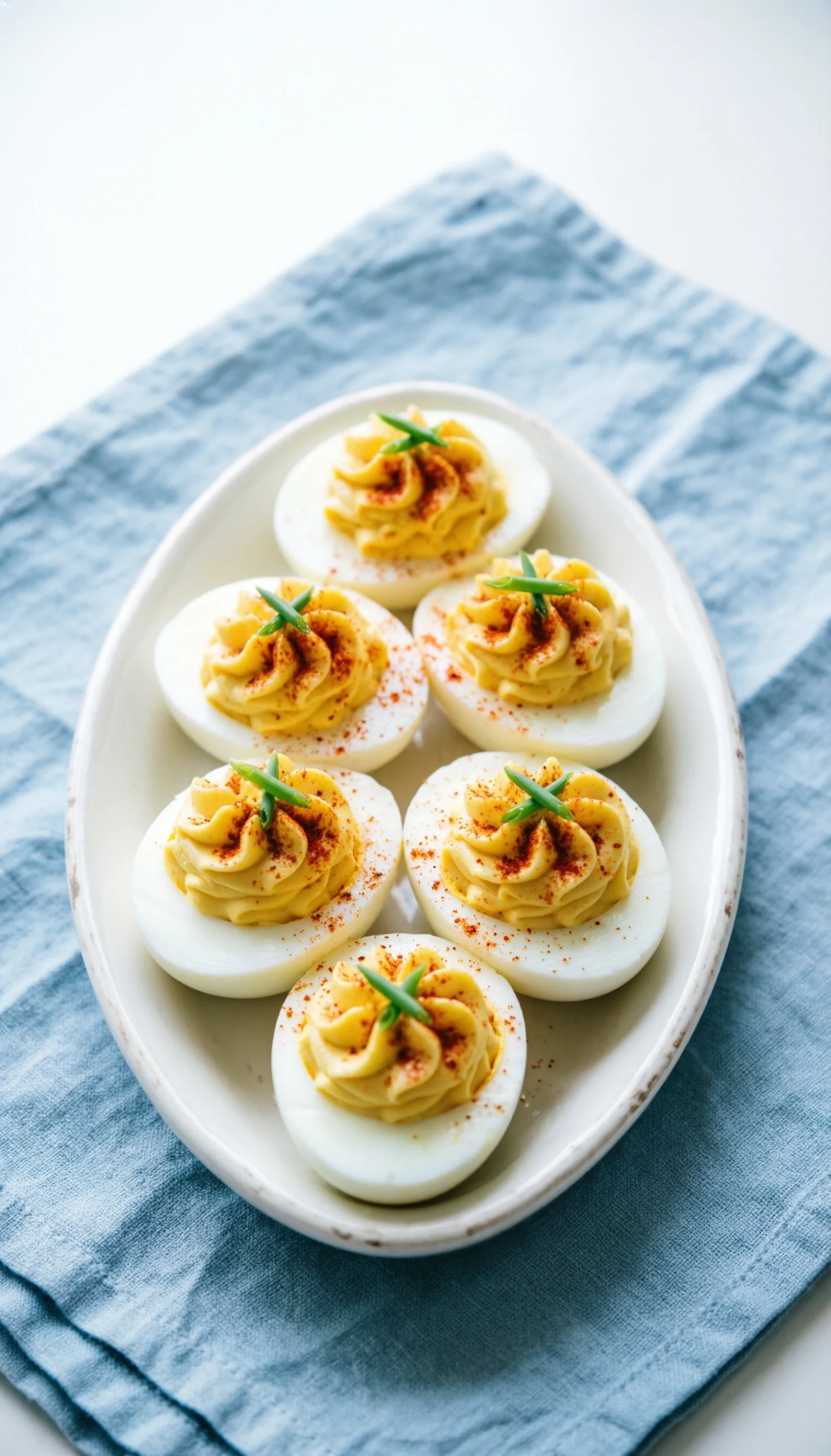 Piped keto deviled eggs with paprika and chives arranged on a vintage white platter with a light blue linen napkin.