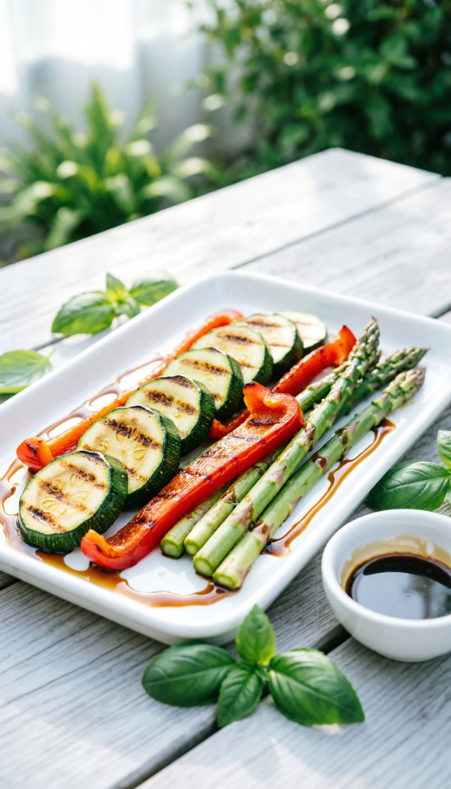 Platter of grilled zucchini, red bell pepper, and asparagus with char marks and balsamic glaze on a white platter.