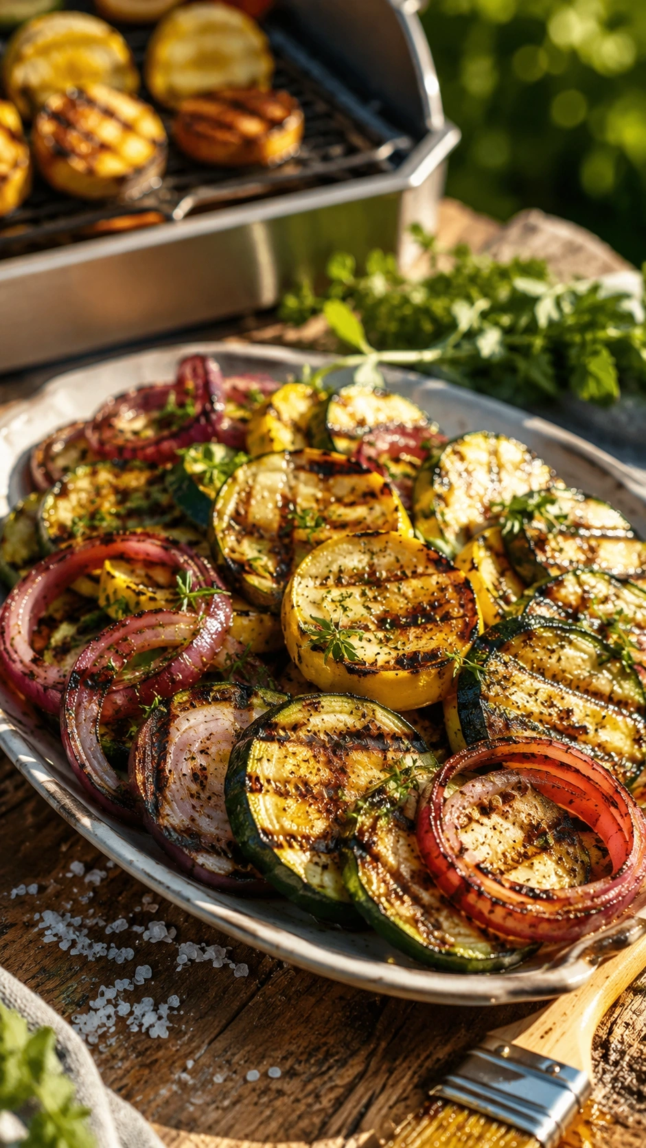 Platter of grilled zucchini, yellow squash, and red onions with herb oil and char marks on a rustic wooden BBQ table.