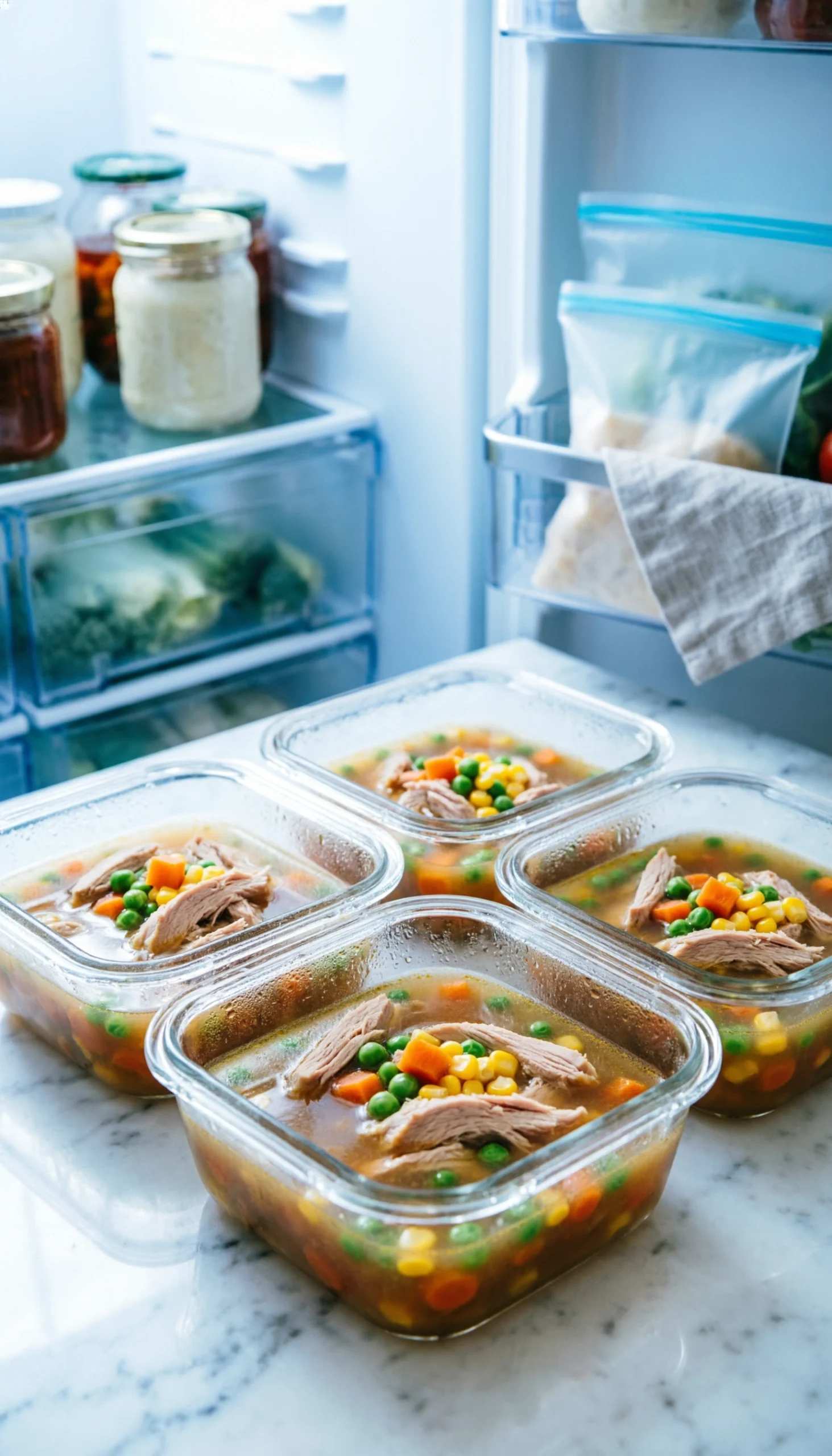 Portioned homemade turkey soup stored in glass meal prep containers on a clean marble kitchen countertop.