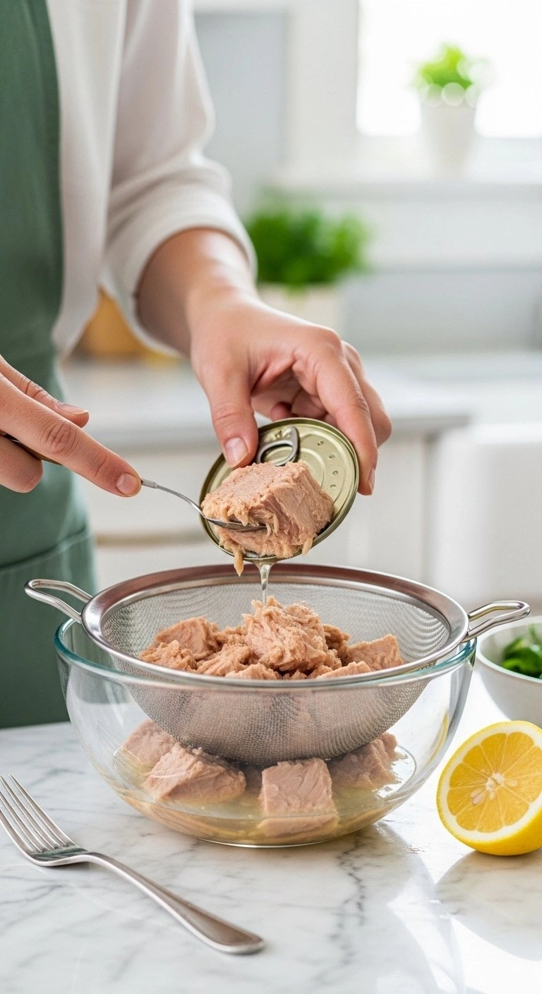 Pristine White Albacore Tuna, Perfectly Drained In A Stainless Steel Strainer Over A Glass Bowl, With A Lemon And Fork On Marble.