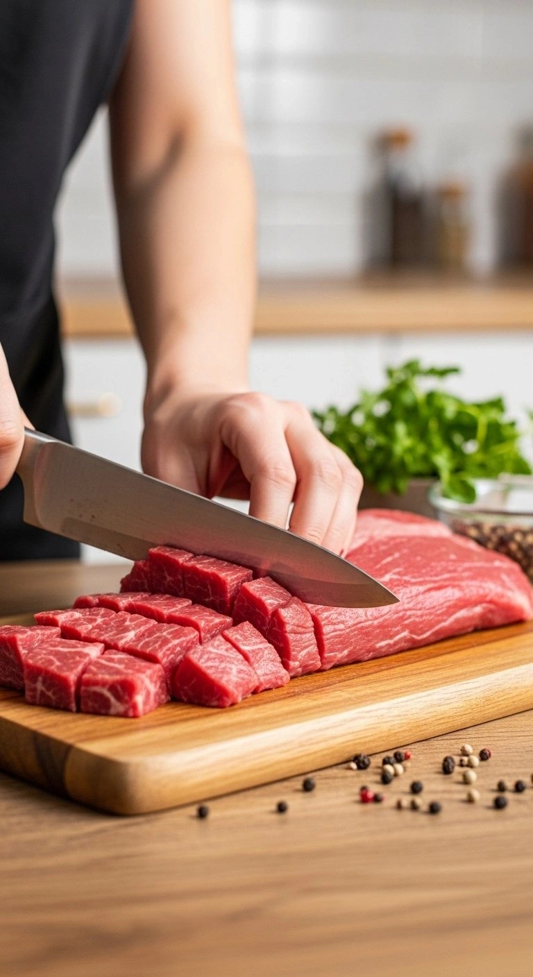 Professional Chef Dicing Raw Sirloin Beef Into Uniform Cubes On A Rustic Wooden Cutting Board With Fresh Herbs.