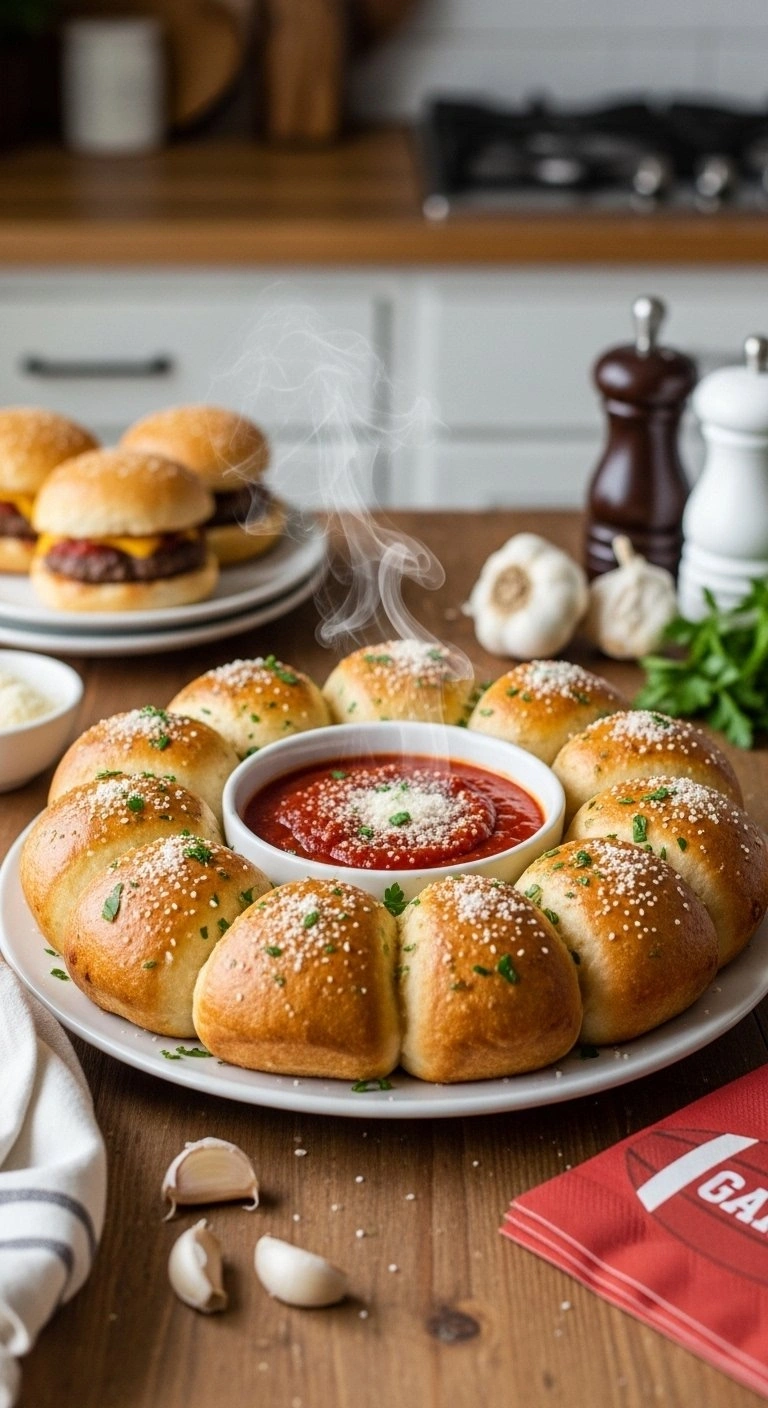 Pull-Apart Cheeseburger Pizza Bomb Ring Arranged In A Wreath Around A Bowl Of Marinara Sauce On A Wooden Table.