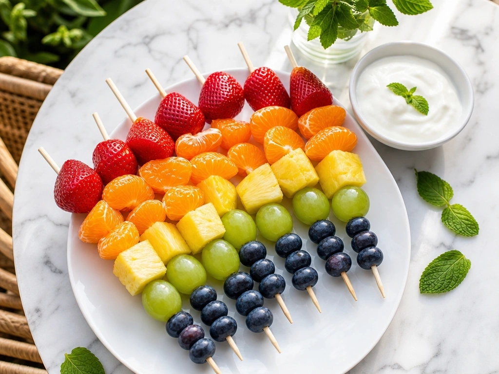 Rainbow fruit kabobs with strawberries and pineapple on a white marble counter for a healthy kid friendly summer snack.