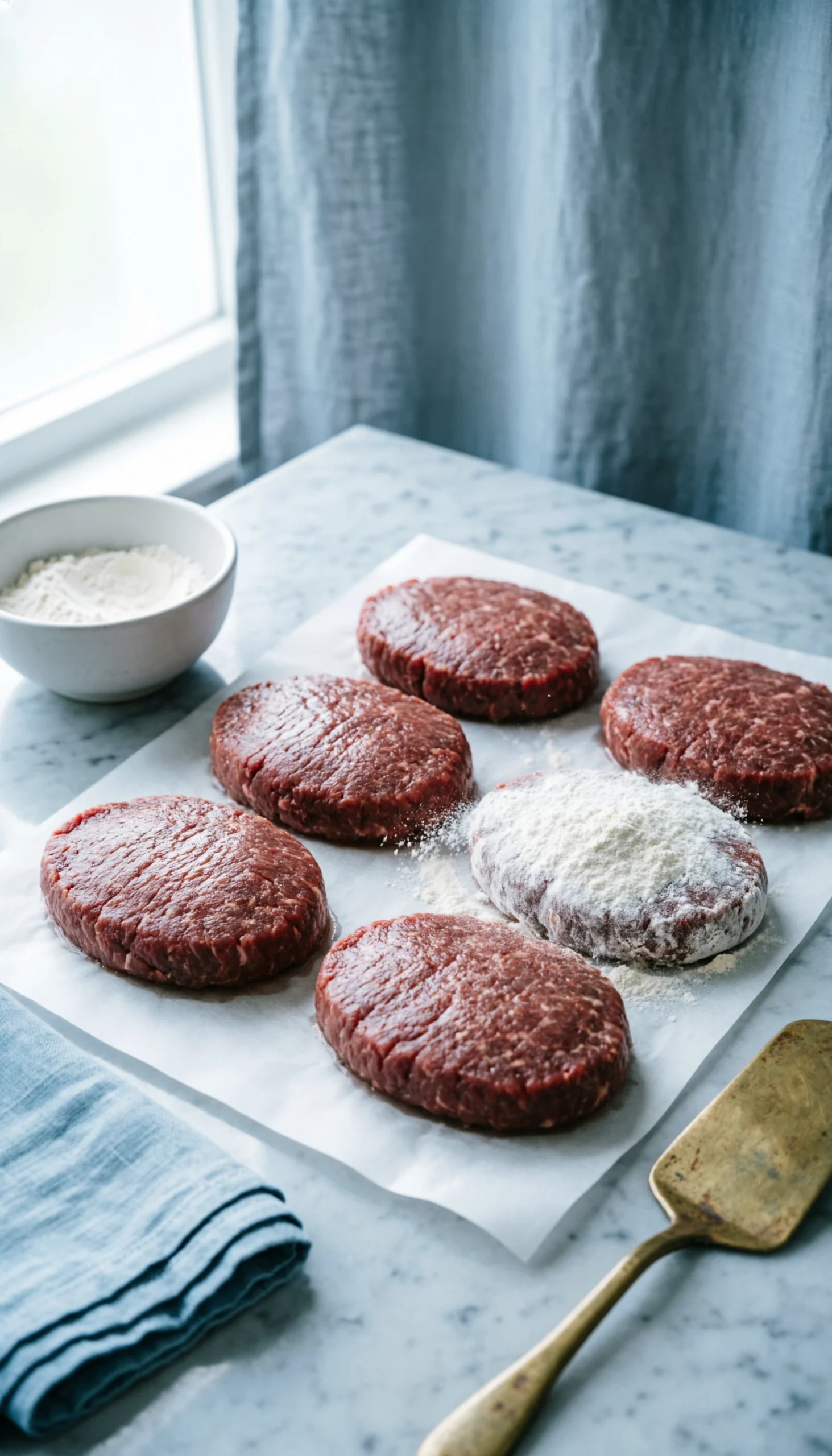 Raw beef hamburger steaks being dredged in all-purpose flour on parchment paper atop a modern marble countertop.