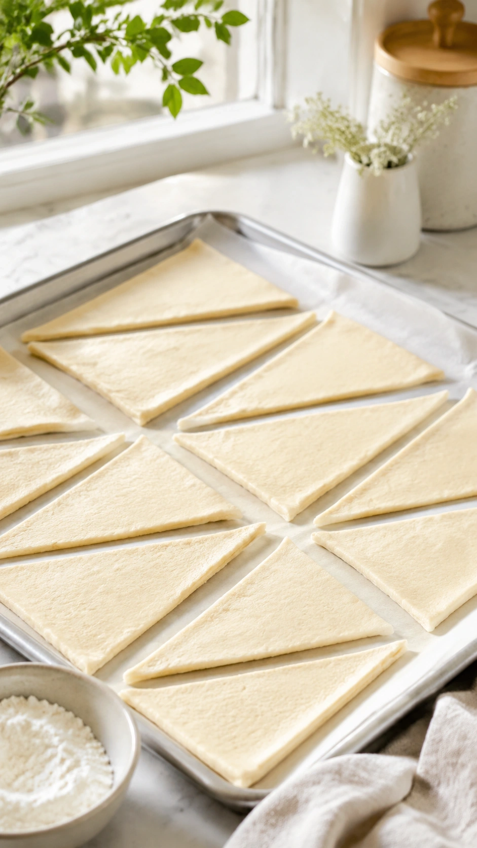 Raw crescent dough triangles neatly arranged on parchment paper on a baking sheet, ready for stuffing in a minimalist kitchen.