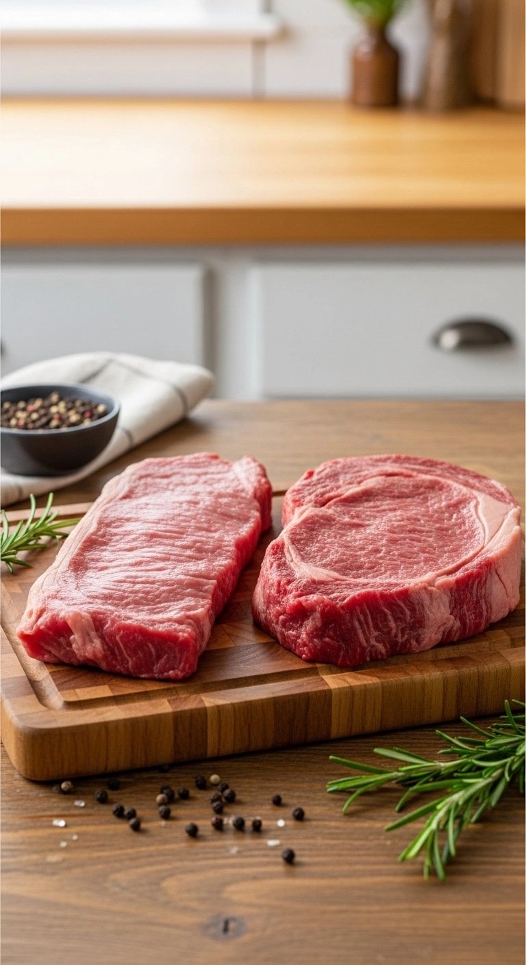 Raw Flank And Marbled Sirloin Steak On A Butcher Block With Fresh Rosemary And Peppercorns For A Gourmet Recipe.