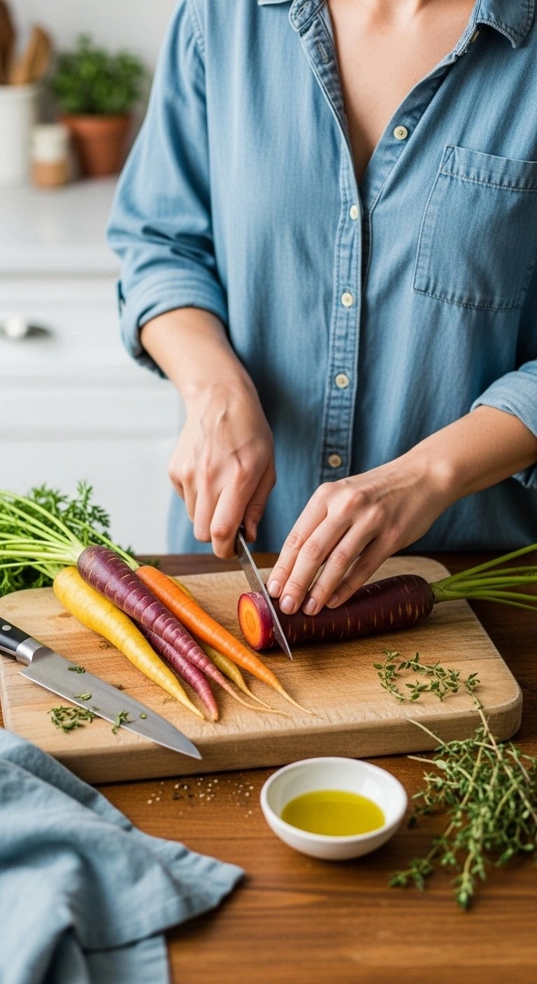 Raw Rainbow Carrots In Purple And Orange Hues Being Prepped On A Rustic Wooden Cutting Board In A Bright, Airy Kitchen.