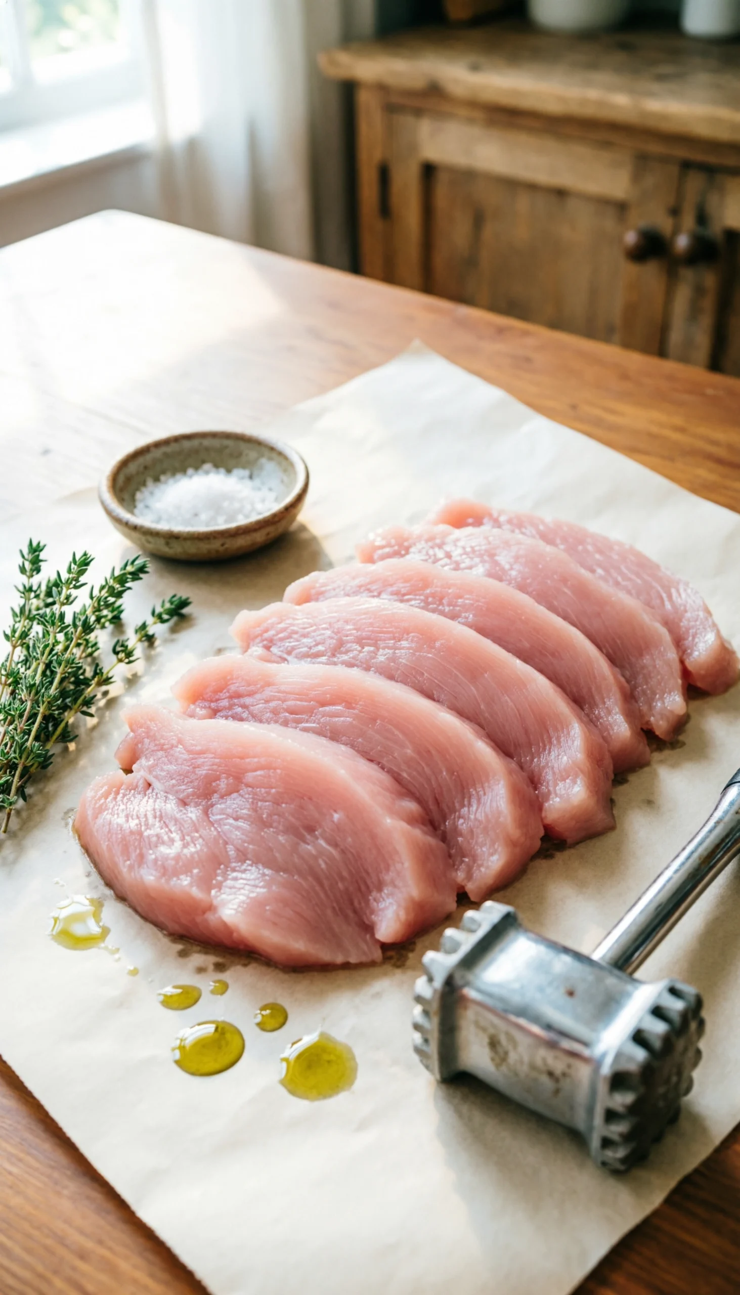 Raw turkey breast cutlets on a wooden cutting board with a stainless steel meat mallet and fresh herbs for meal prep.