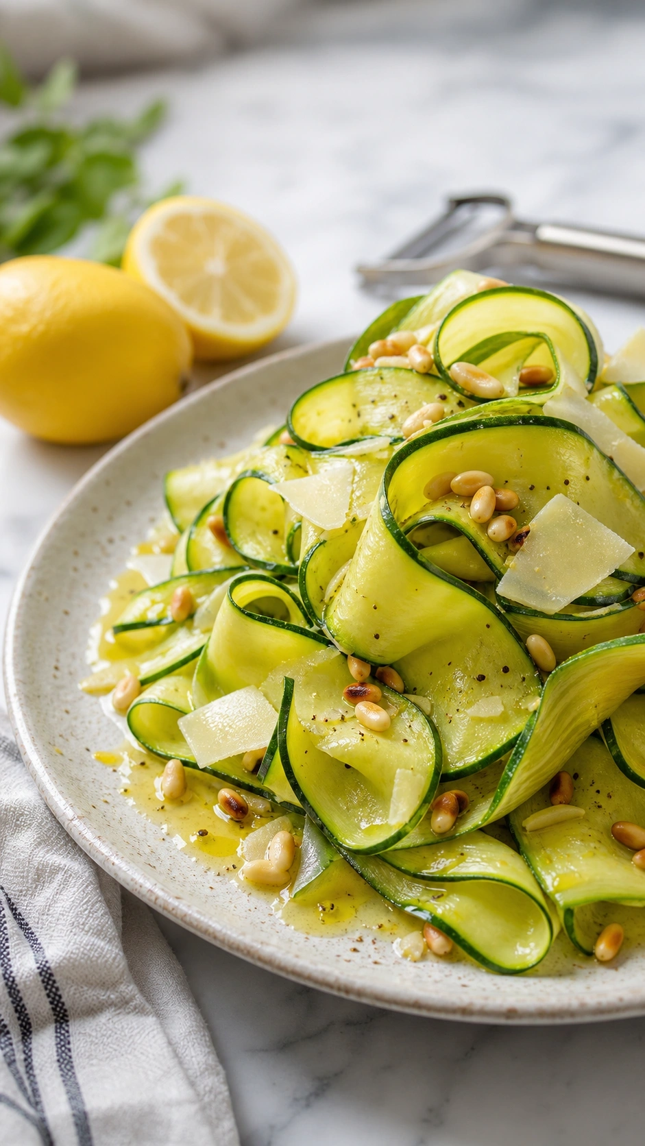 Raw zucchini ribbon salad with toasted pine nuts and shaved parmesan cheese on a light marble kitchen countertop.