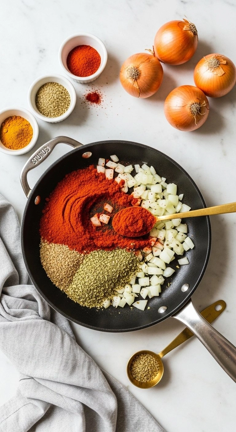 Red Chili Powder, Cumin, And Oregano Bloom In A Skillet With Translucent Sautéed Onions On A White Marble Countertop.