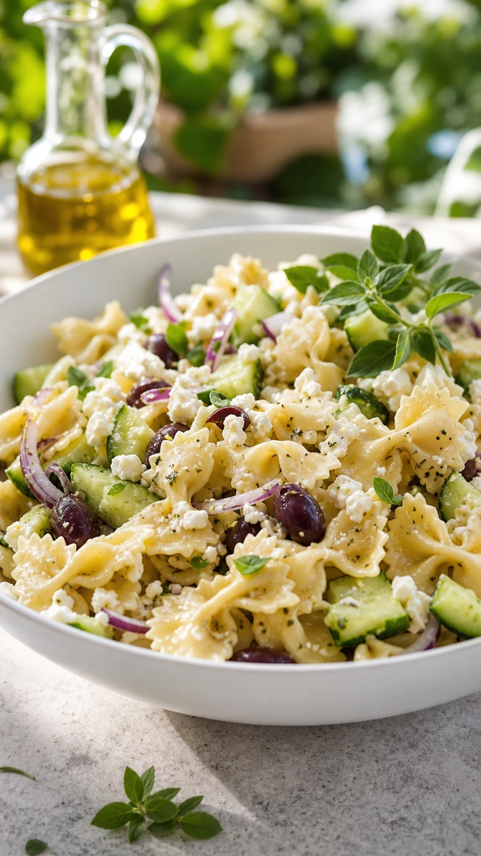 Refreshing Greek farfalle pasta salad with feta cheese and kalamata olives served in a white bowl in a sunny garden.