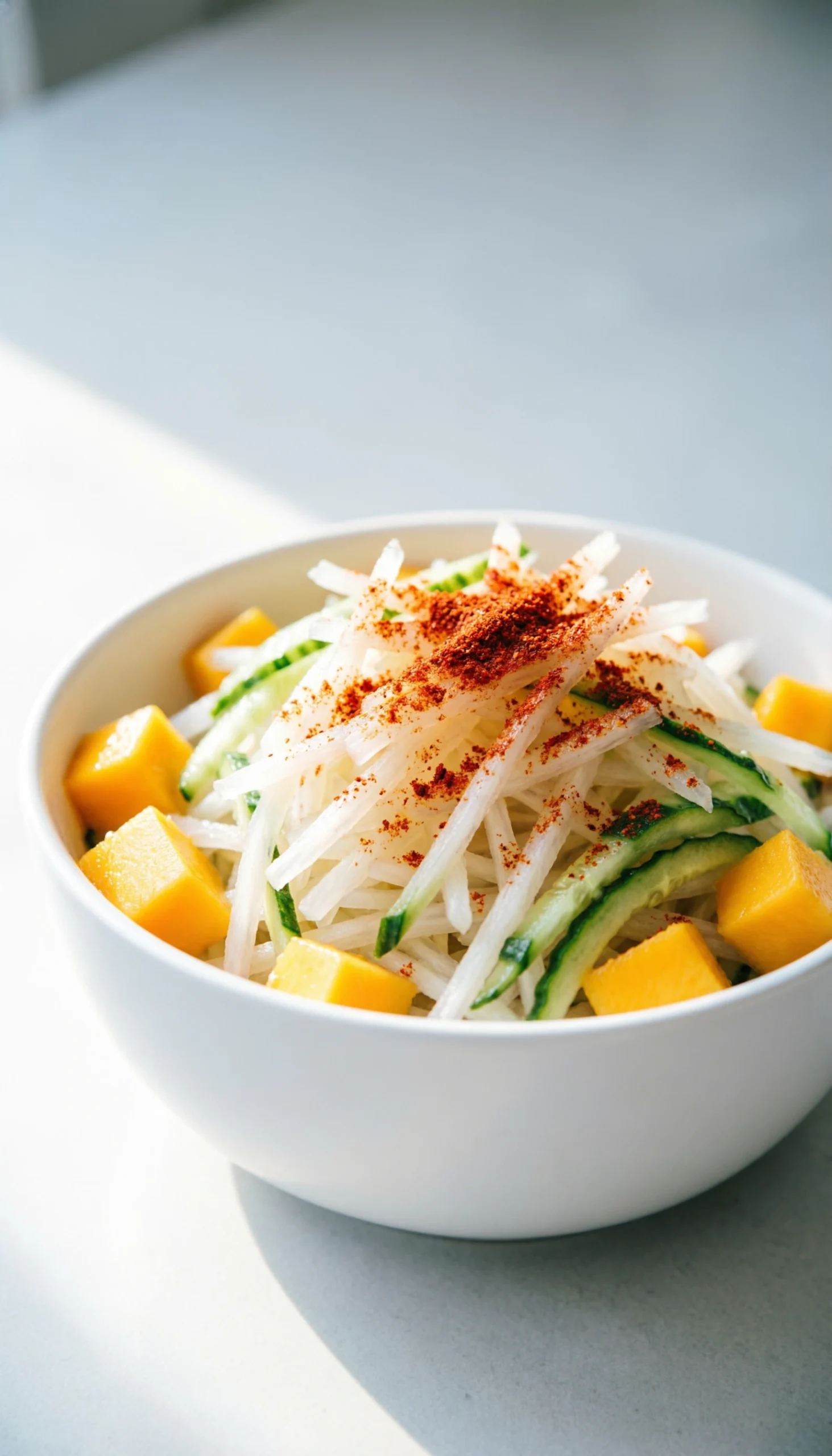 Refreshing Mexican jicama slaw with cucumber, mango, and red Tajin seasoning in a white bowl on a bright surface.