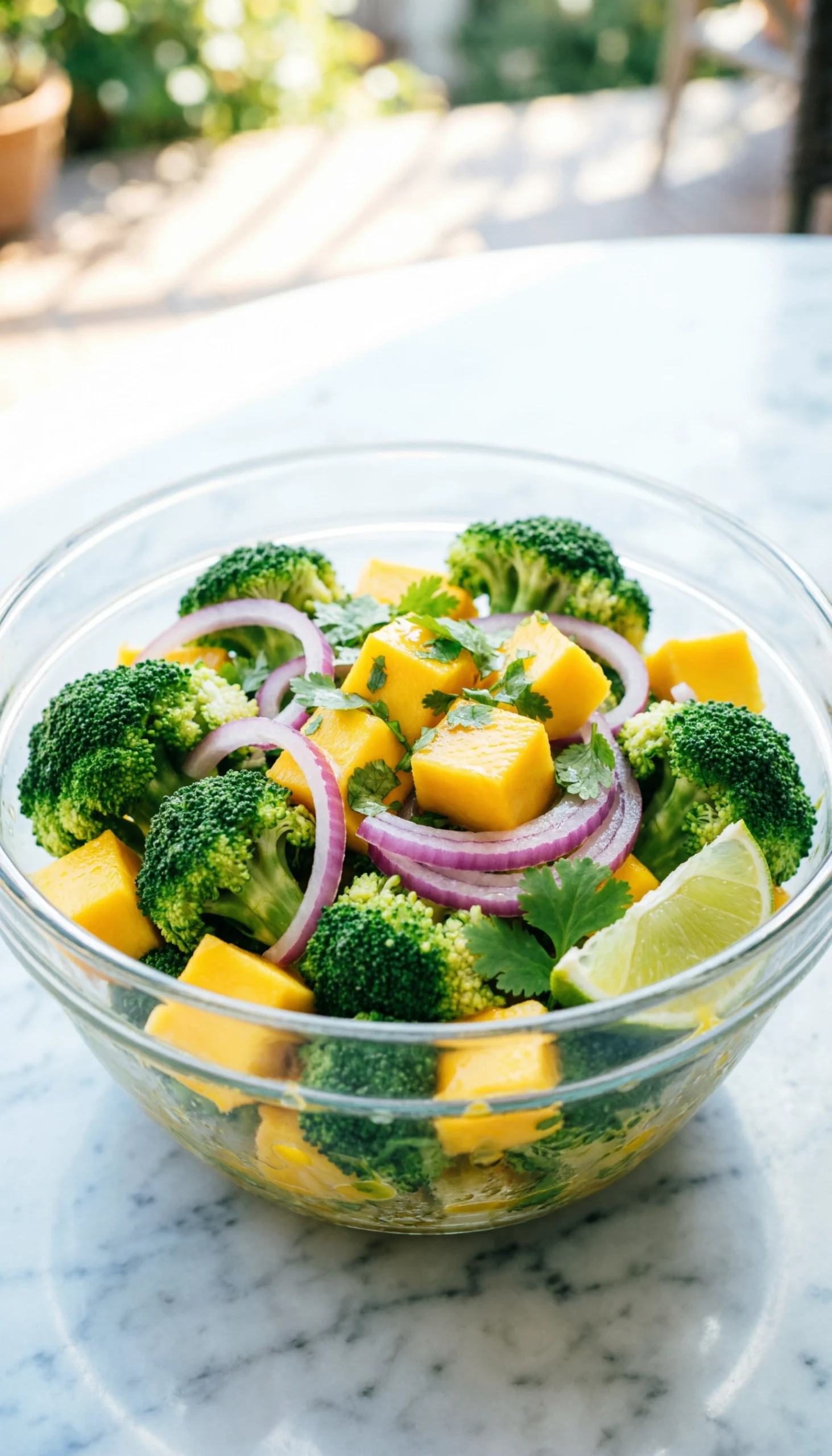 Refreshing broccoli mango salad with juicy tropical fruit and red onion in a glass bowl on a bright marble counter.