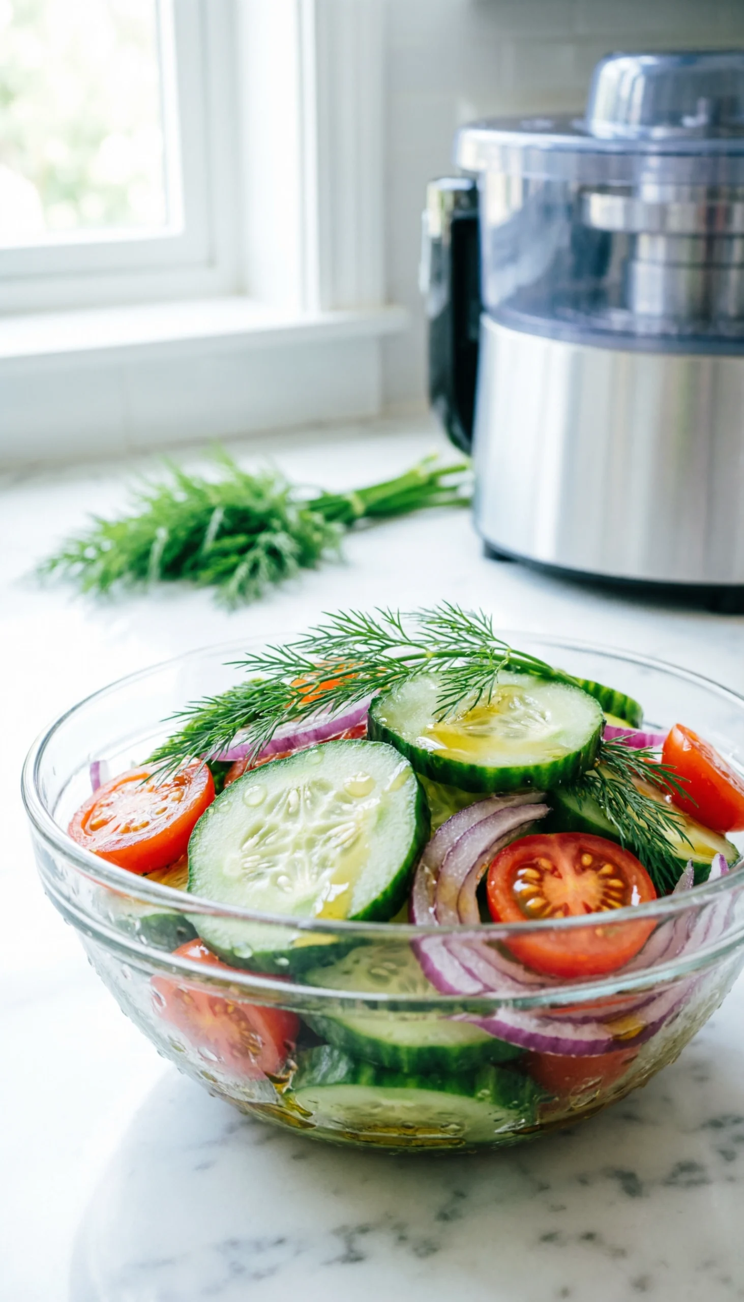 Refreshing Chilled Cucumber, Tomato, And Dill Salad With Red Onion And Vinaigrette In A Clear Glass Bowl.